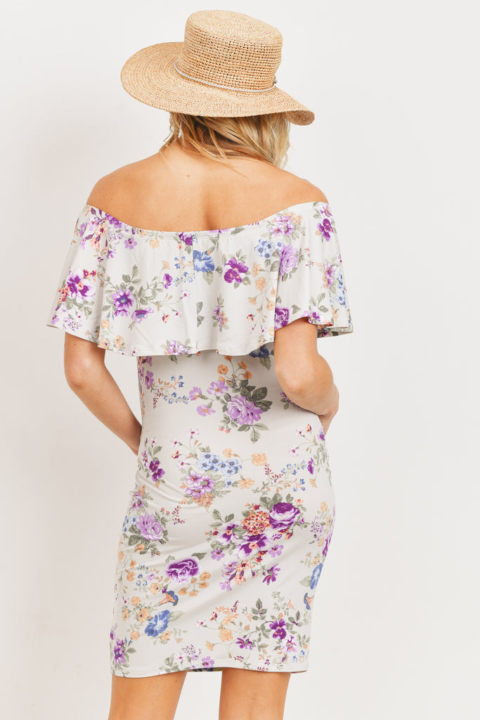 Light Grey Floral Ruffled Off Shoulder Maternity Dress