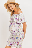 Light Grey Floral Ruffled Off Shoulder Maternity Dress