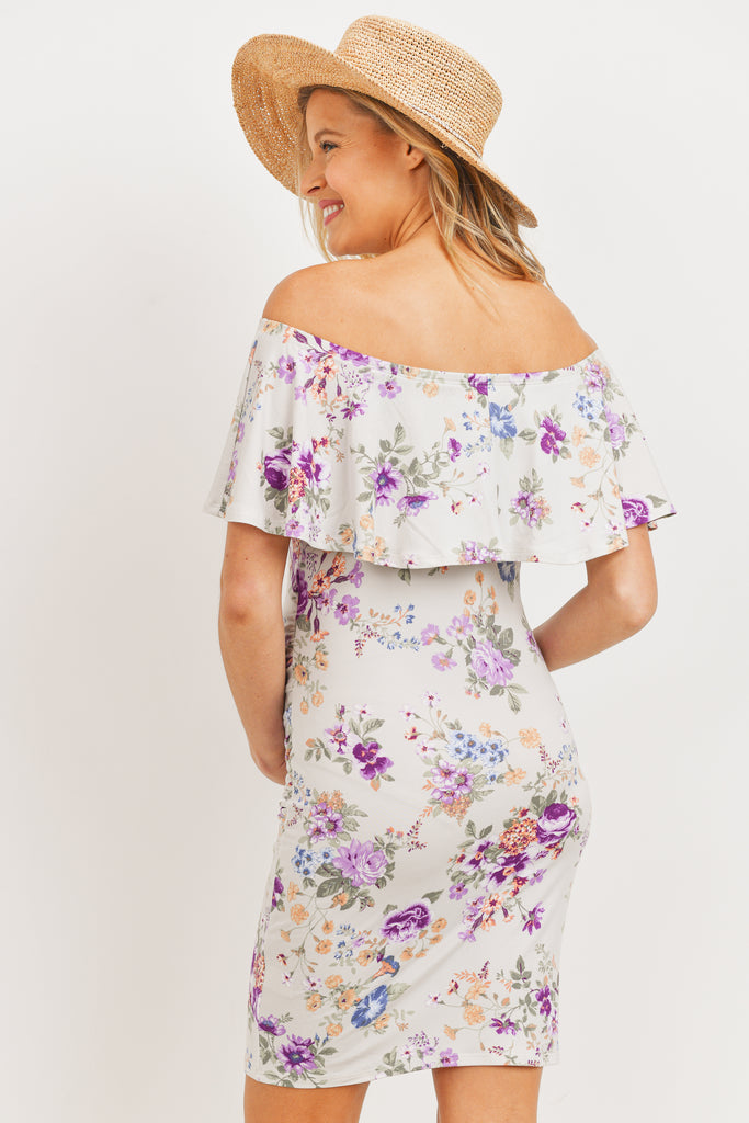 Light Grey Floral Ruffled Off Shoulder Maternity Dress