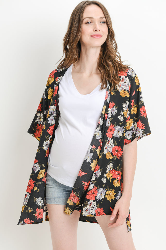 Black Floral Kimono Maternity Cardigan