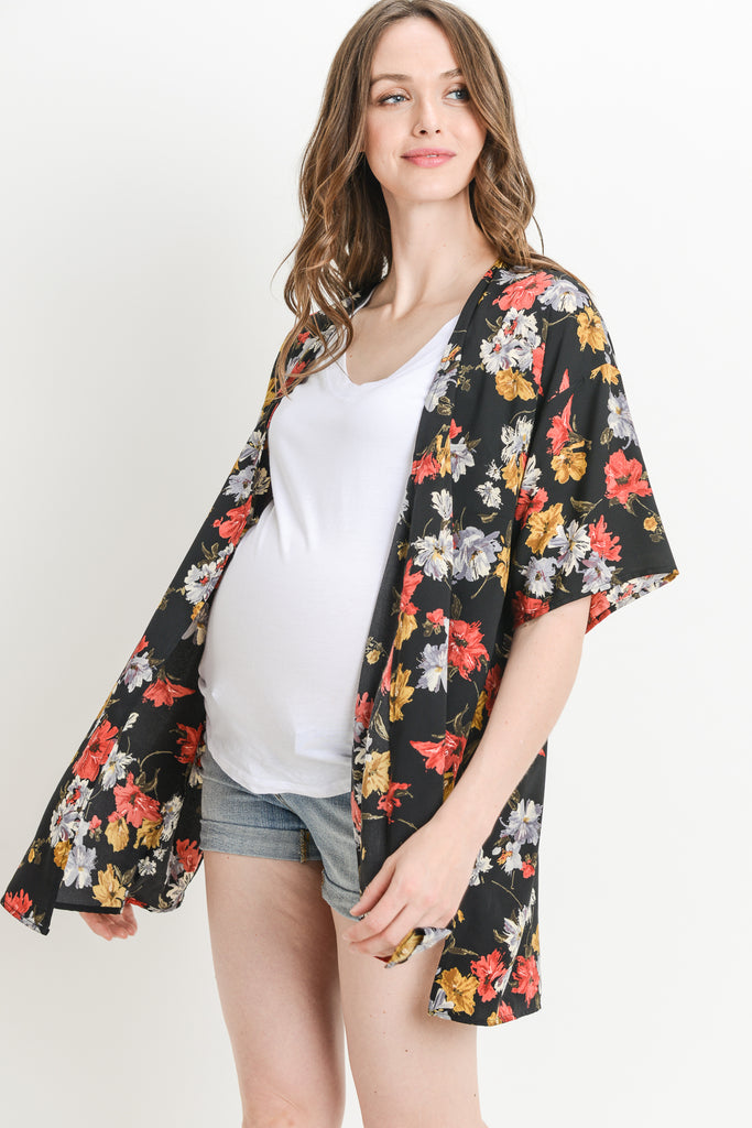 Black Floral Kimono Maternity Cardigan