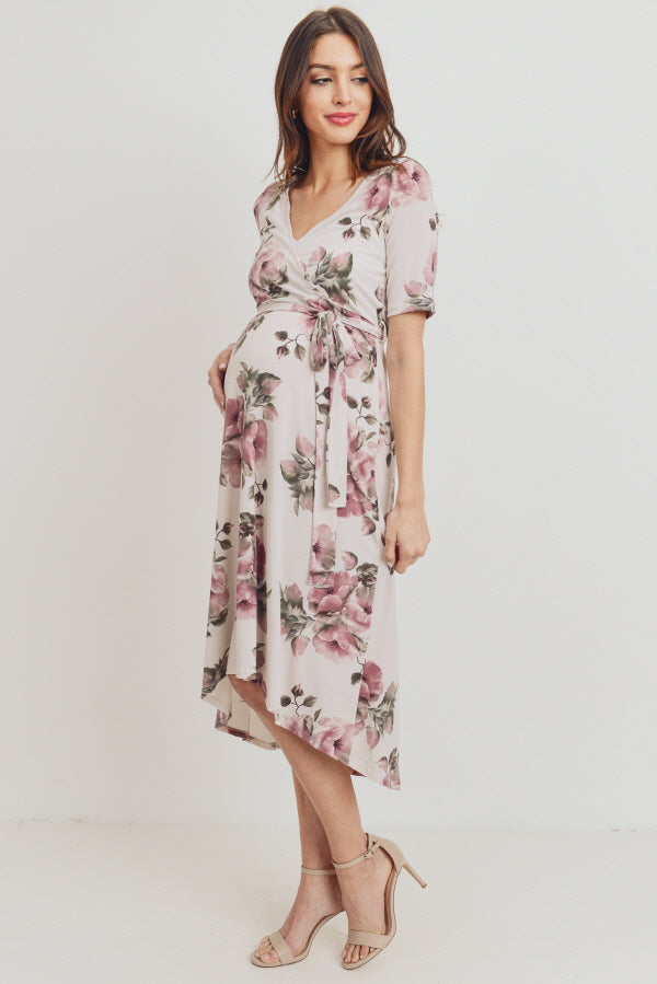 Cream Floral High-Low Maternity/Nursing Dress