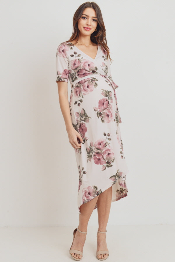 Cream Floral High-Low Maternity/Nursing Dress