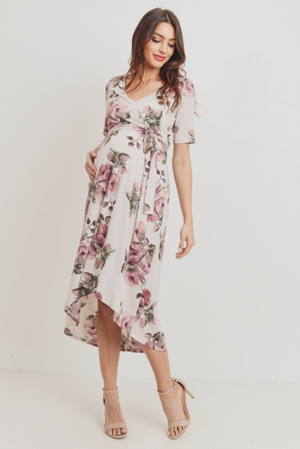 Cream Floral High-Low Maternity/Nursing Dress