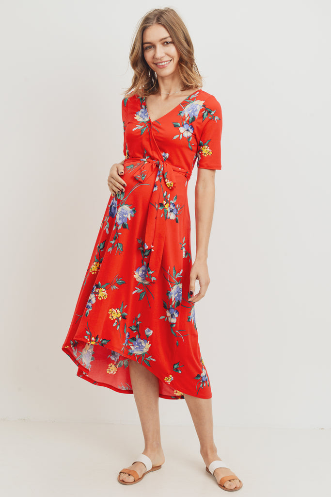 Red Floral High-Low Maternity/Nursing Dress