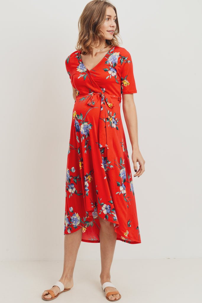 Red Floral High-Low Maternity/Nursing Dress