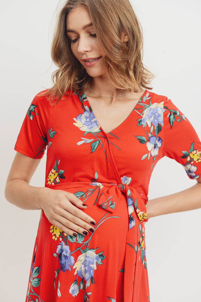 Red Floral High-Low Maternity/Nursing Dress