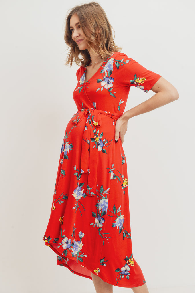 Red Floral High-Low Maternity/Nursing Dress