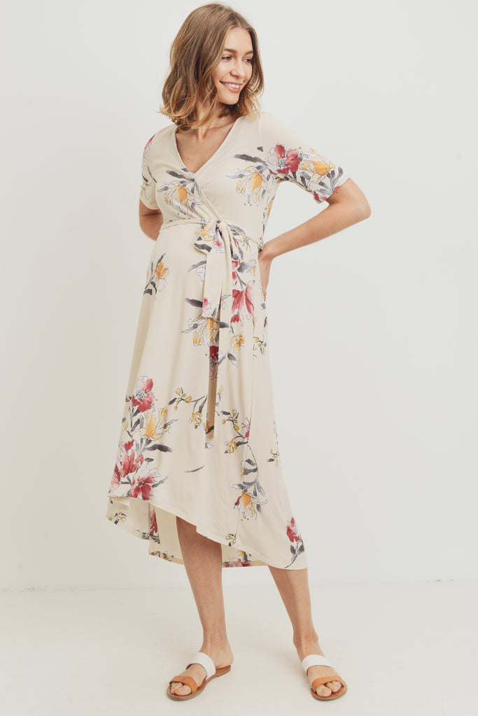 Cream Floral Surplice High-Low Maternity/Nursing Dress