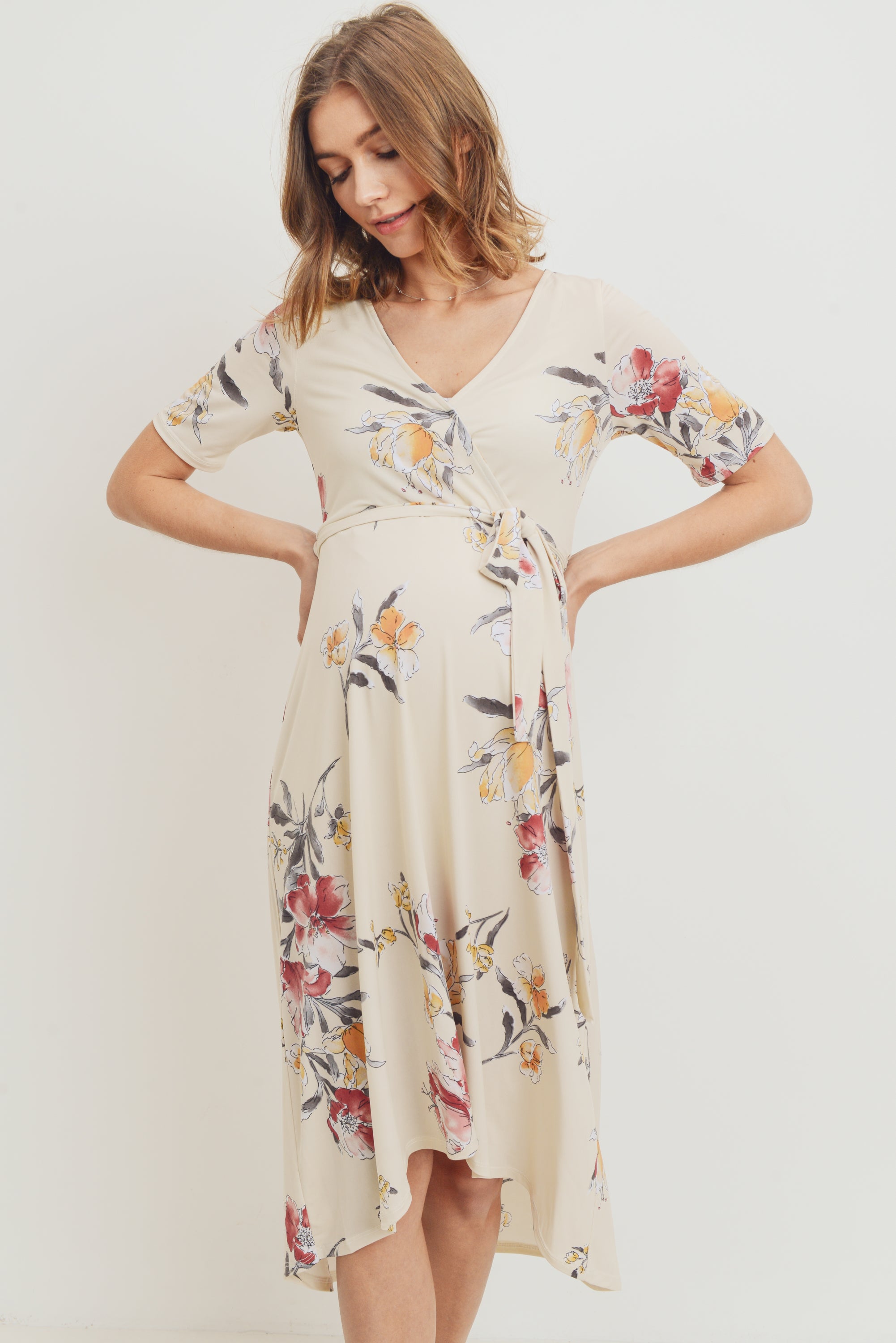 Cream Floral Surplice High-Low Maternity/Nursing Dress Cream / Medium Cream Floral Surplice High-Low Maternity/Nursing Dress Cream / Medium