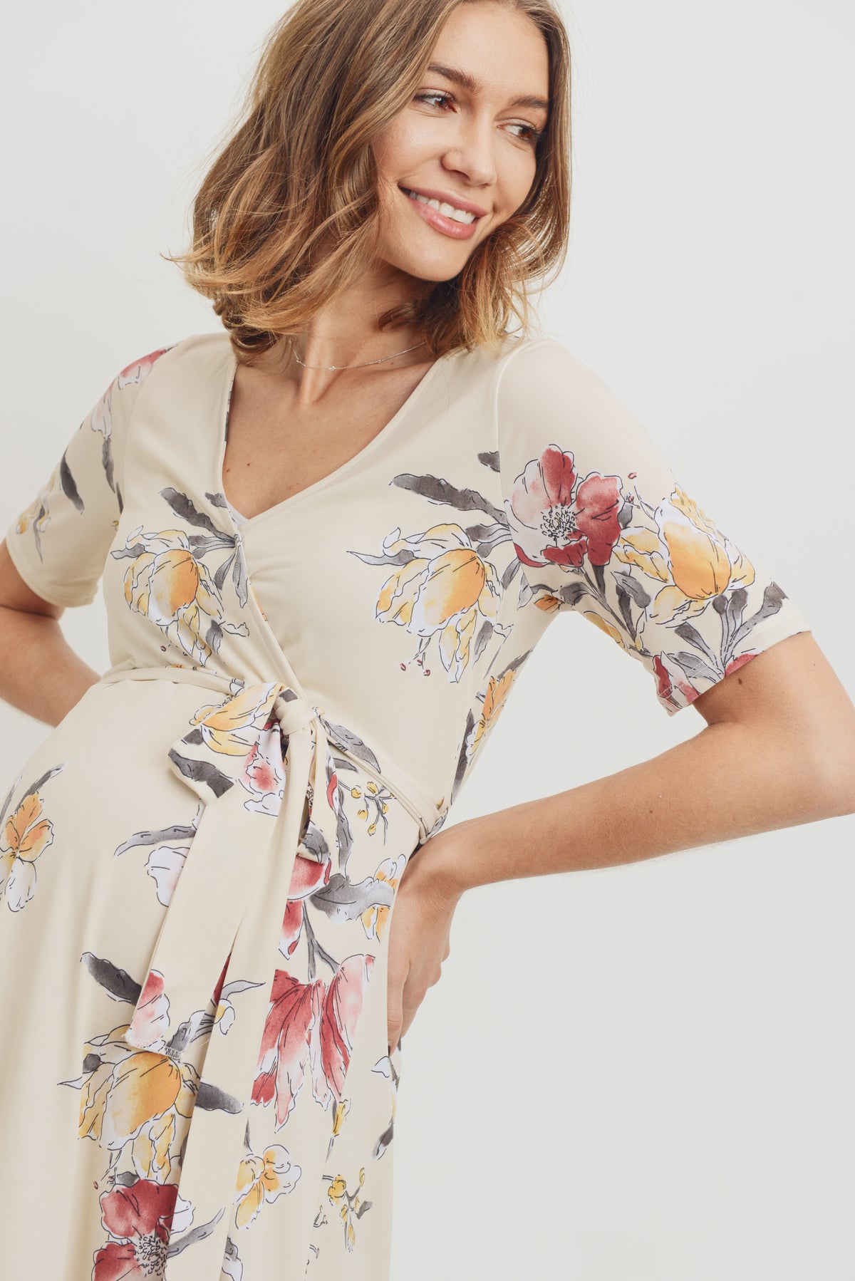 Cream Floral Surplice High-Low Maternity/Nursing Dress