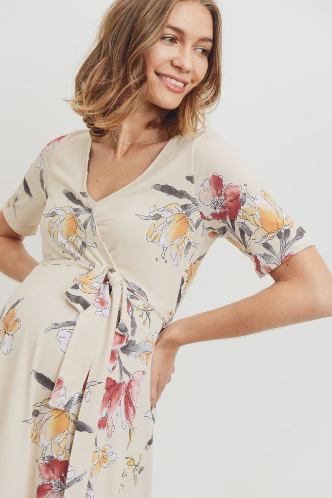 Cream Floral Surplice High-Low Maternity/Nursing Dress