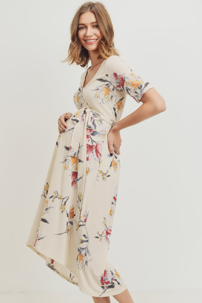 Cream Floral Surplice High-Low Maternity/Nursing Dress