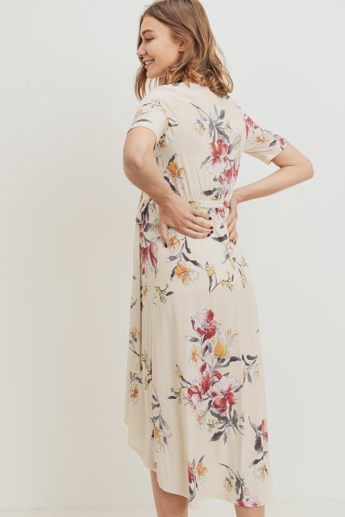 Cream Floral Surplice High-Low Maternity/Nursing Dress