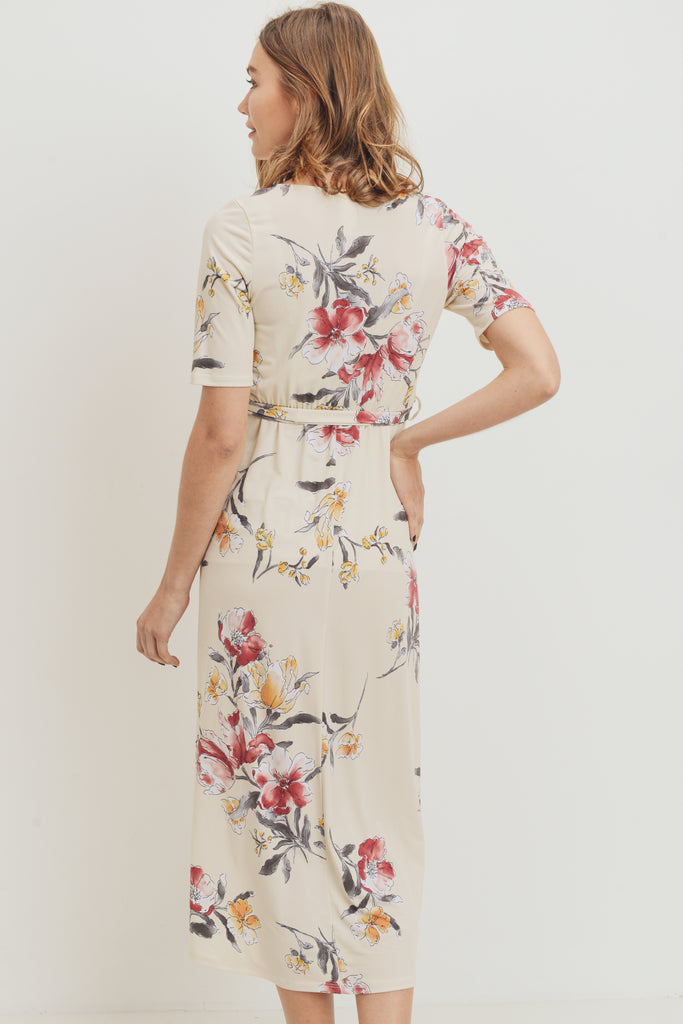 Cream Floral Surplice High-Low Maternity/Nursing Dress