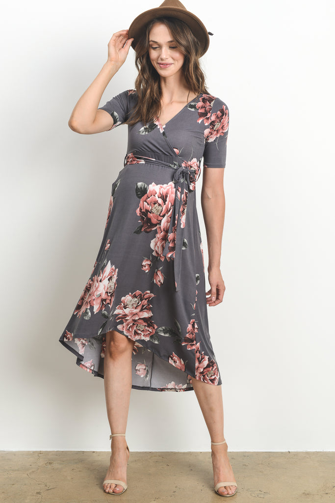 Grey Floral High Low Faux Wrap Maternity & Nursing Dress