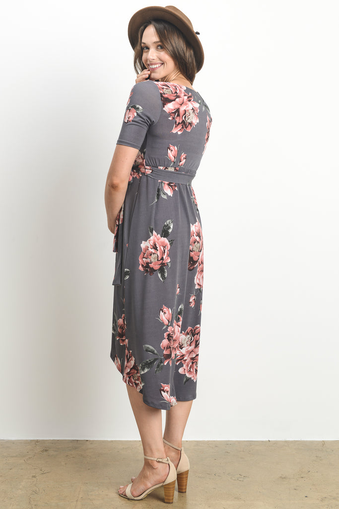 Grey Floral High Low Faux Wrap Maternity & Nursing Dress