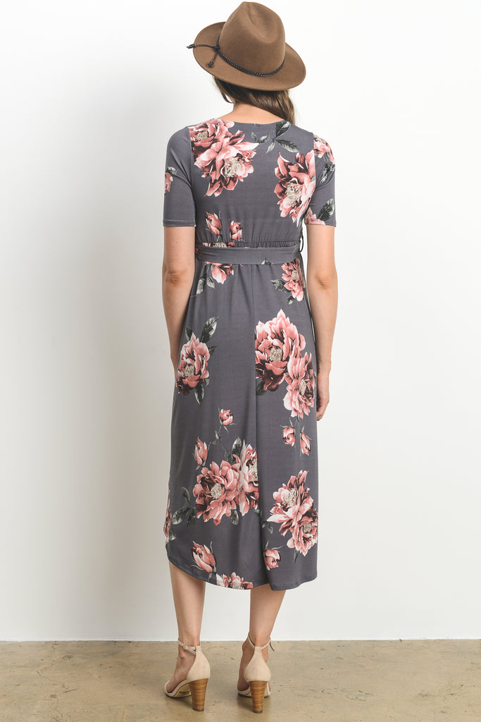 Grey Floral High Low Faux Wrap Maternity & Nursing Dress