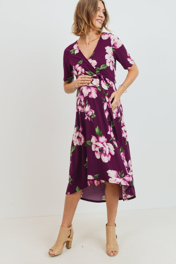 Purple Floral High Low Faux Wrap Maternity & Nursing Dress