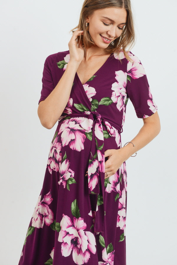 Purple Floral High Low Faux Wrap Maternity & Nursing Dress