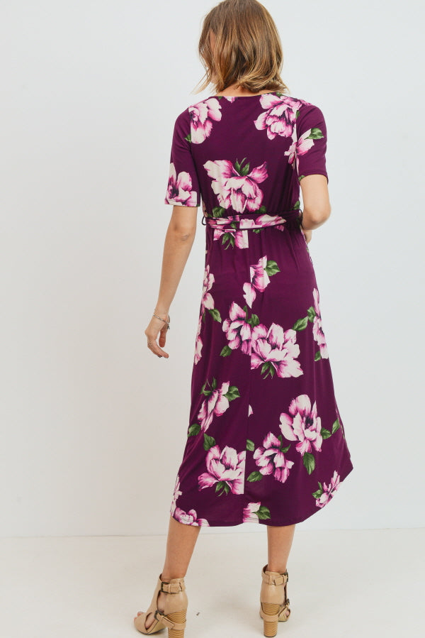 Purple Floral High Low Faux Wrap Maternity & Nursing Dress