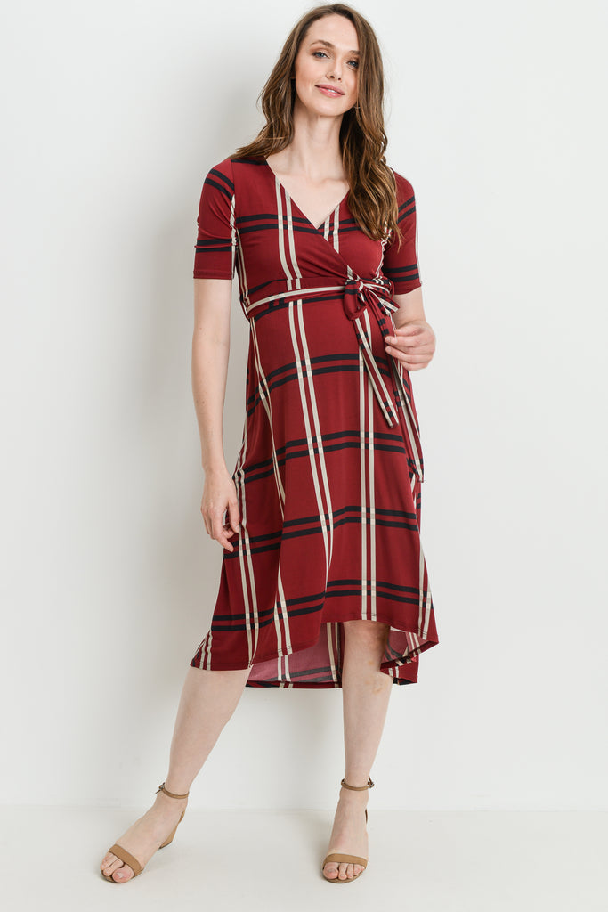 Burgundy Plaid Tie Front Wrap Maternity/Nursing Dress