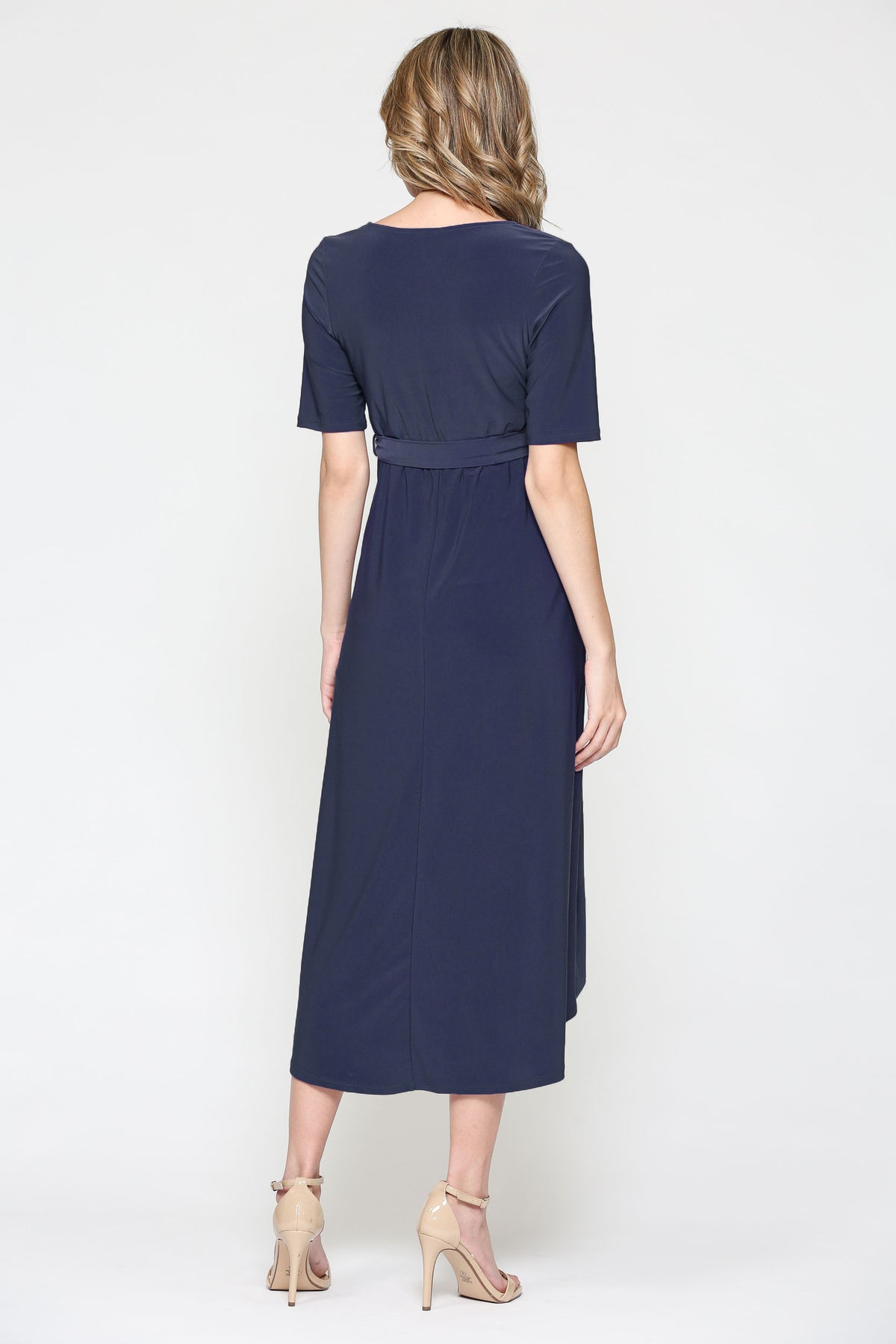 Navy Solid Tie Waist High-Low Maternity/Nursing Dress