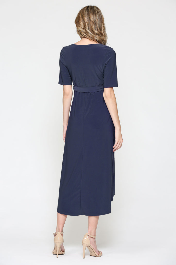 Navy Solid Tie Waist High-Low Maternity/Nursing Dress