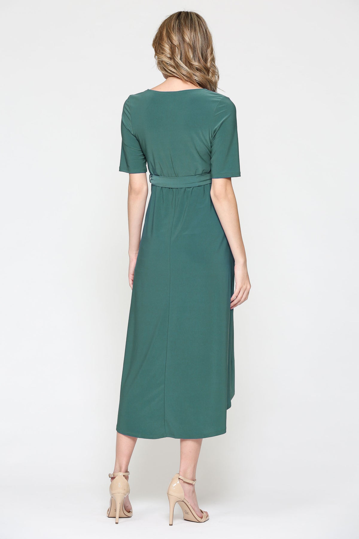 Hunter Green Solid Tie Waist High-Low Maternity/Nursing Dress