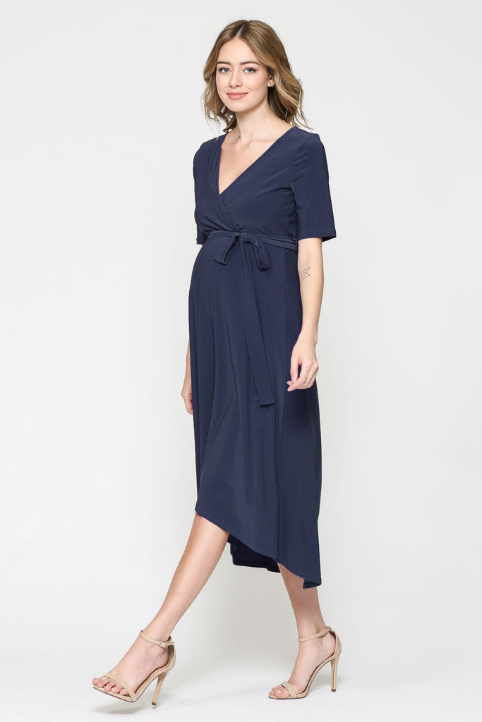 Navy Solid Tie Waist High-Low Maternity/Nursing Dress