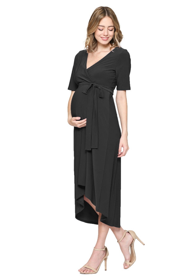 Black Solid Tie Waist High-Low Maternity/Nursing Dress