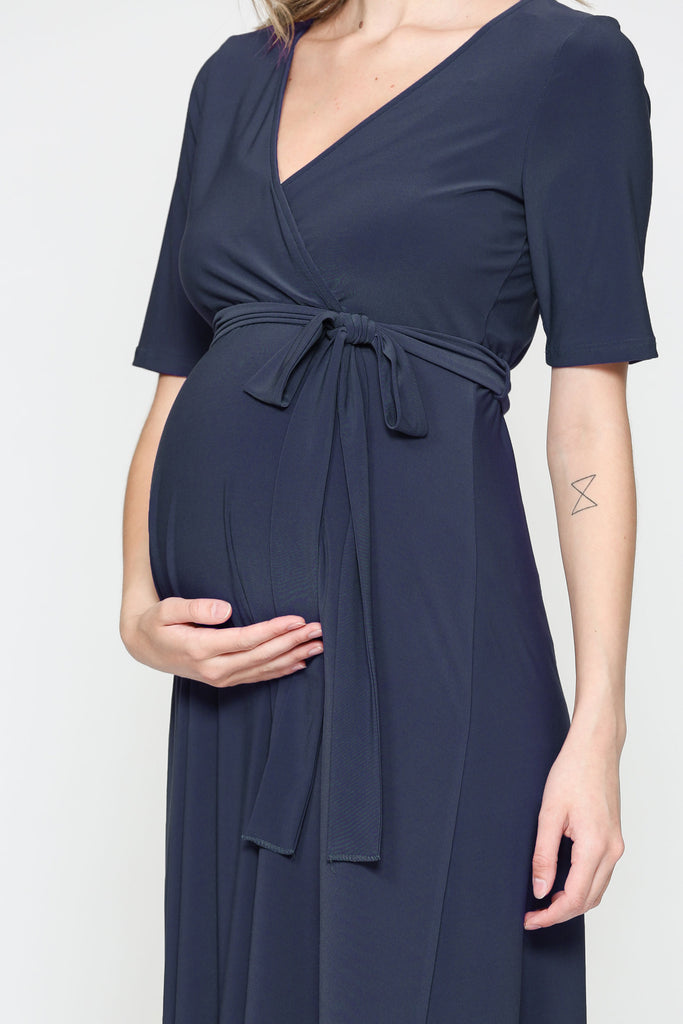 Navy Solid Tie Waist High-Low Maternity/Nursing Dress