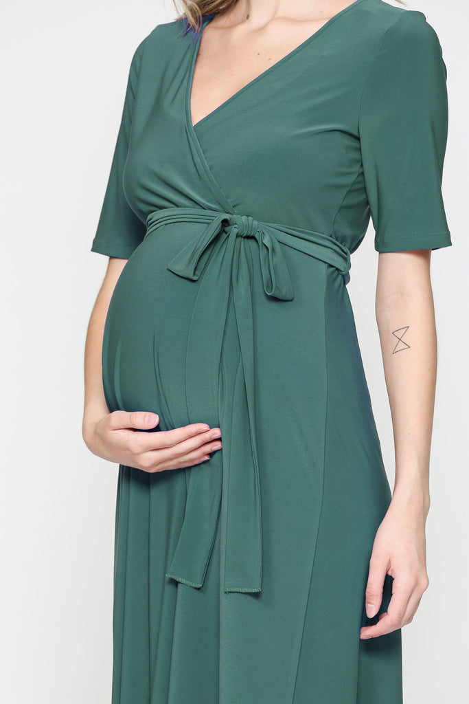 Hunter Green Solid Tie Waist High-Low Maternity/Nursing Dress
