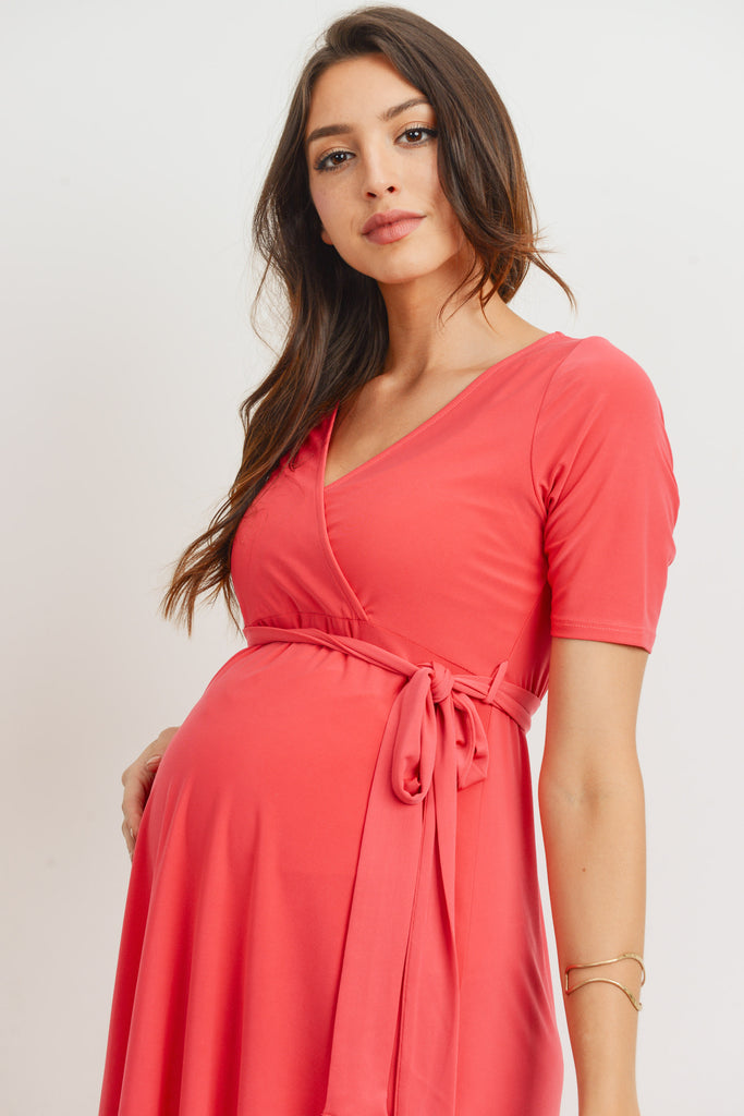 Coral Solid Tie Waist High-Low Maternity/Nursing Dress