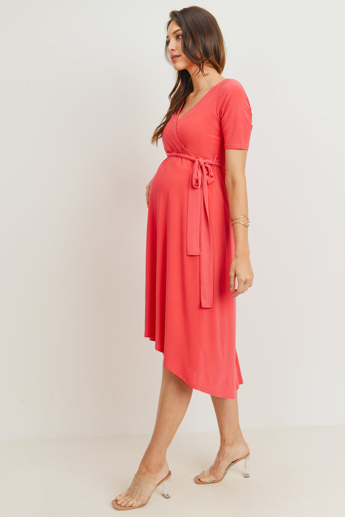 Coral Solid Tie Waist High-Low Maternity/Nursing Dress