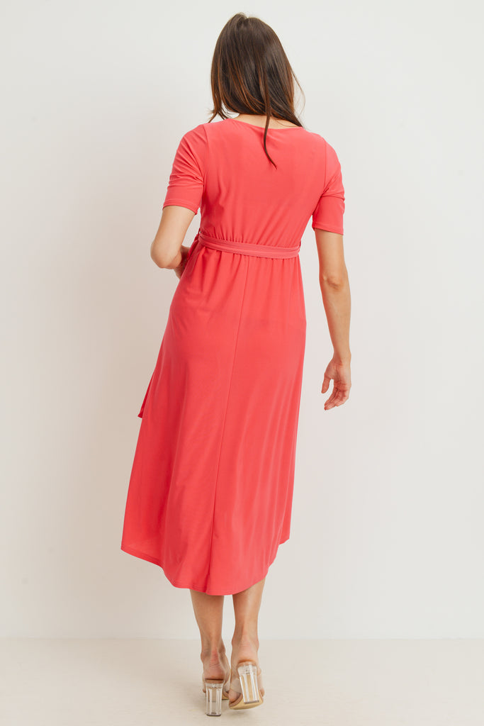 Coral Solid Tie Waist High-Low Maternity/Nursing Dress