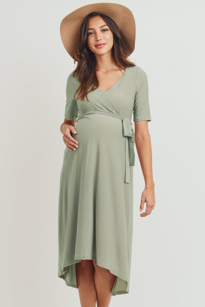 Sage Solid Tie Waist High-Low Maternity/Nursing Dress