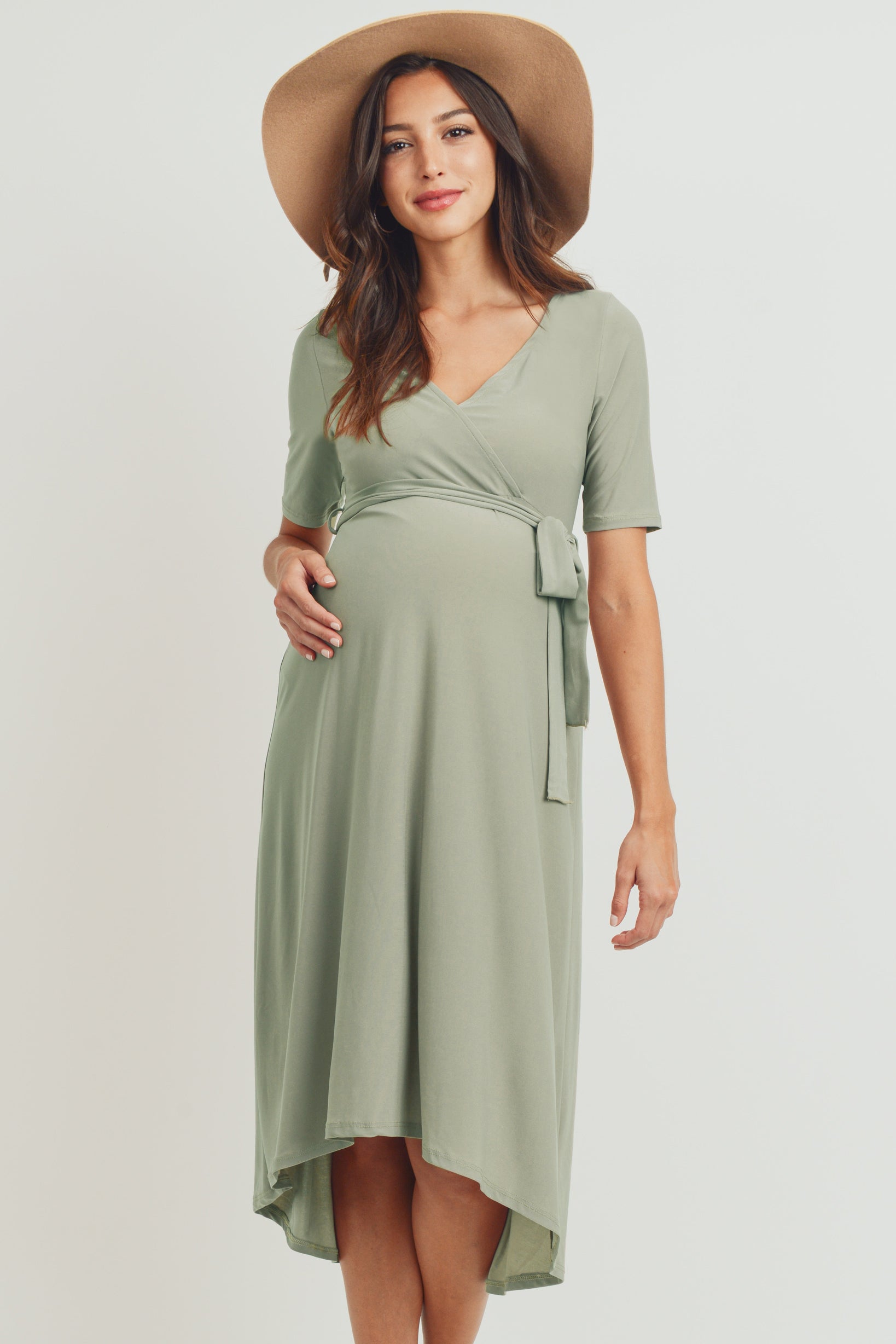 Solid Tie Waist High-Low Maternity/Nursing Dress Sage / Large