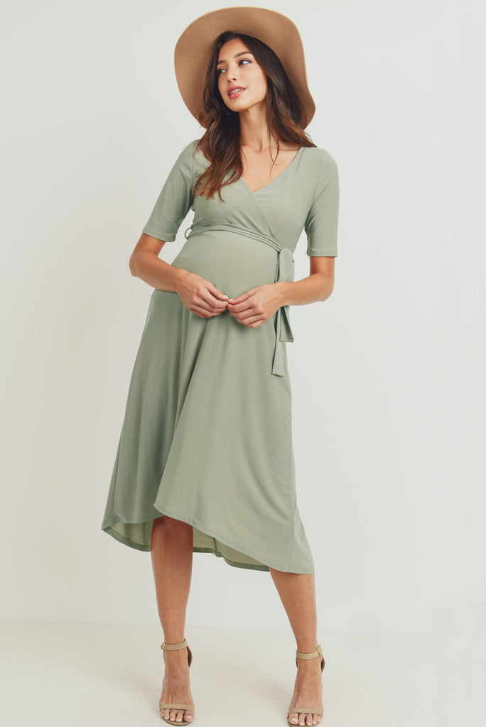 Sage Solid Tie Waist High-Low Maternity/Nursing Dress