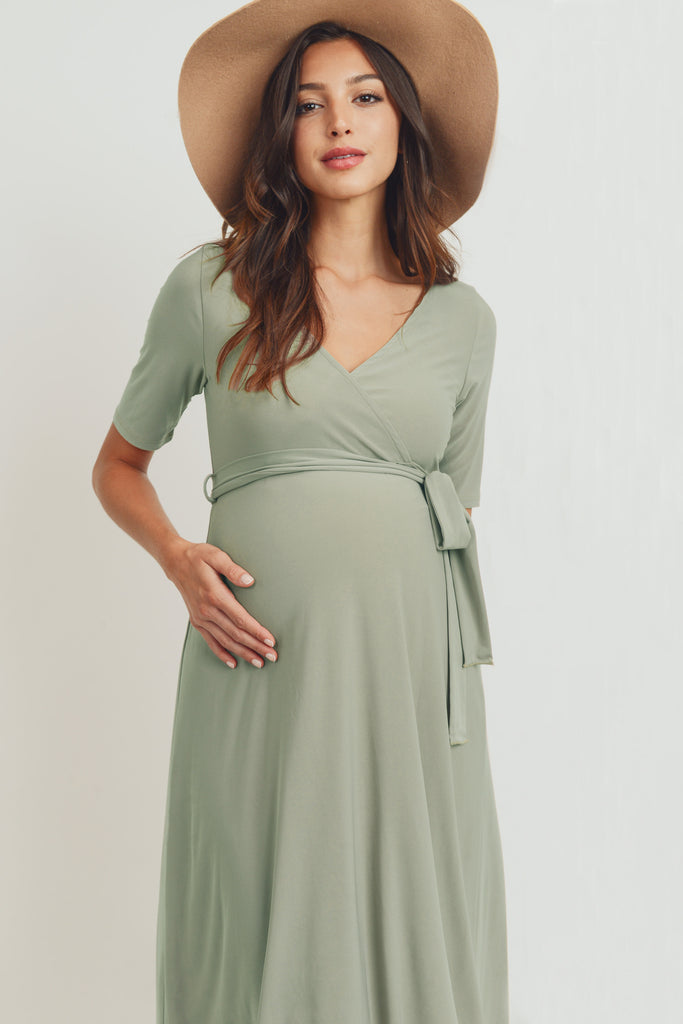 Sage Solid Tie Waist High-Low Maternity/Nursing Dress