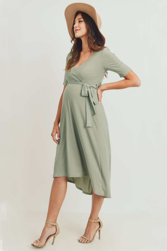 Sage Solid Tie Waist High-Low Maternity/Nursing Dress