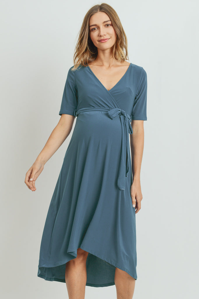 Denim Solid Tie Waist High-Low Maternity/Nursing Dress