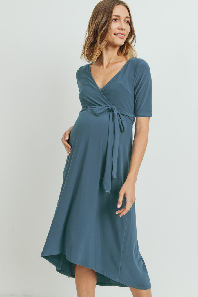 Denim Solid Tie Waist High-Low Maternity/Nursing Dress