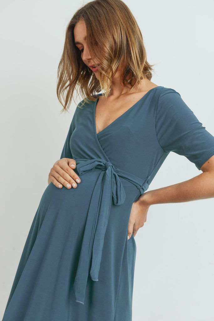 Denim Solid Tie Waist High-Low Maternity/Nursing Dress