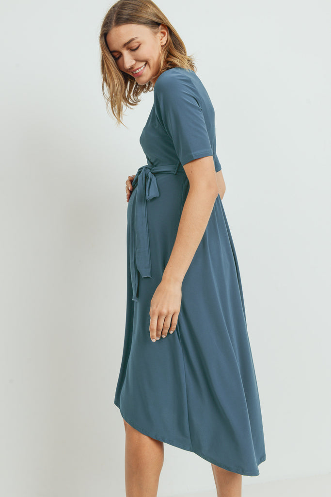 Denim Solid Tie Waist High-Low Maternity/Nursing Dress