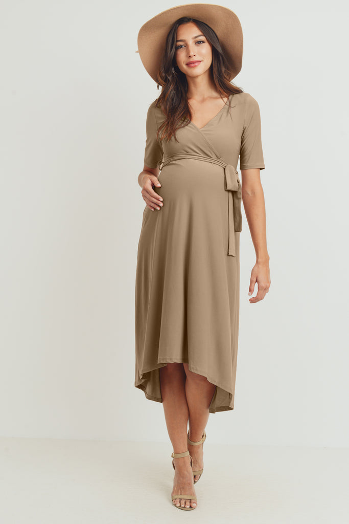 Mocha Solid Tie Waist High-Low Maternity/Nursing Dress