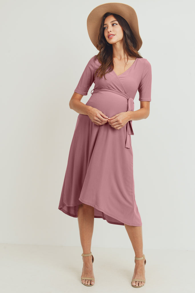 Dark Rose Solid Tie Waist High-Low Maternity/Nursing Dress