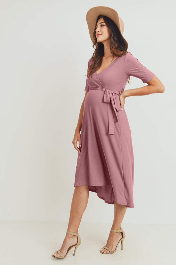 Dark Rose Solid Tie Waist High-Low Maternity/Nursing Dress