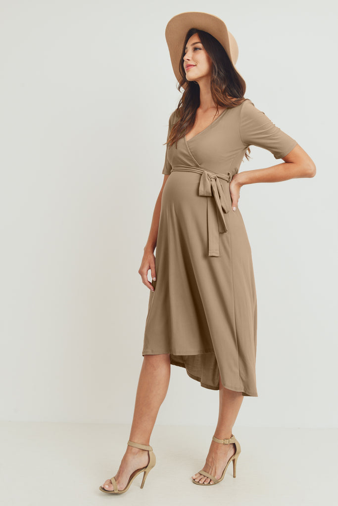 Mocha Solid Tie Waist High-Low Maternity/Nursing Dress