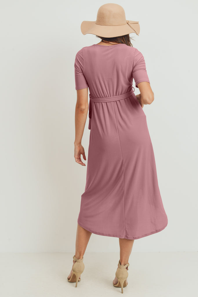 Dark Rose Solid Tie Waist High-Low Maternity/Nursing Dress
